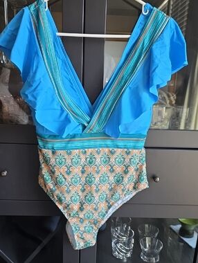Turquoise Blue Ruffled One-Piece Swimsuit with Patterned Bottom